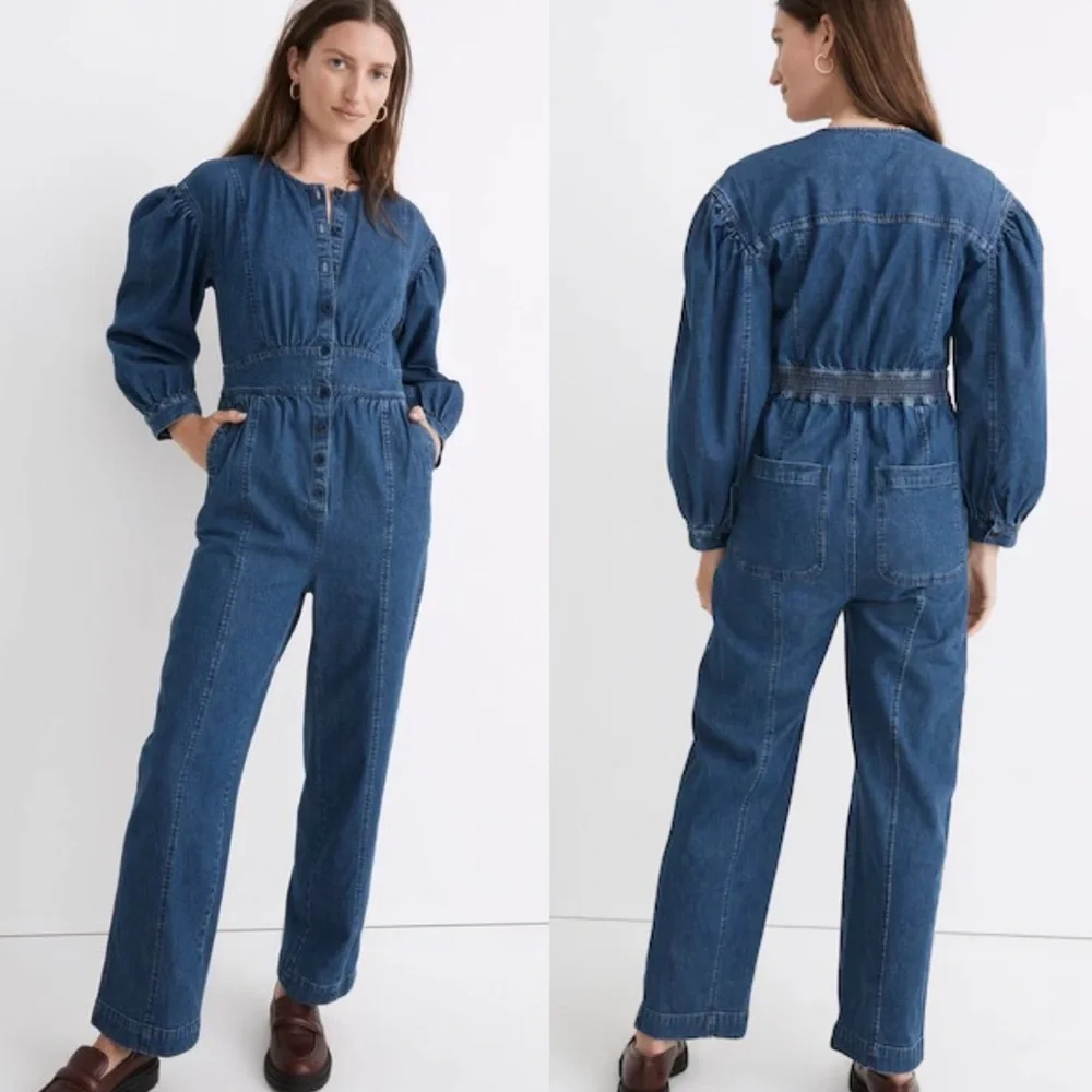Madewell Jumpsuit Womens 8 Denim Straight-Leg Puff Long Sleeve Utility Carpenter